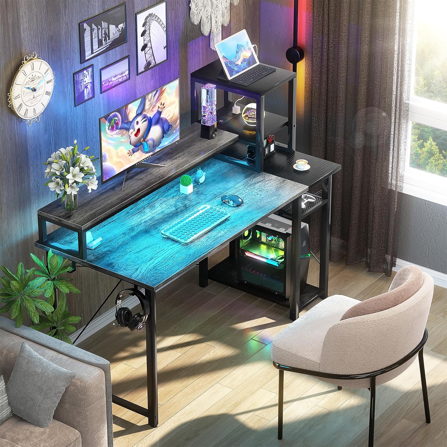 Grey Gaming Desk with LED and Storage Shelves G603541
