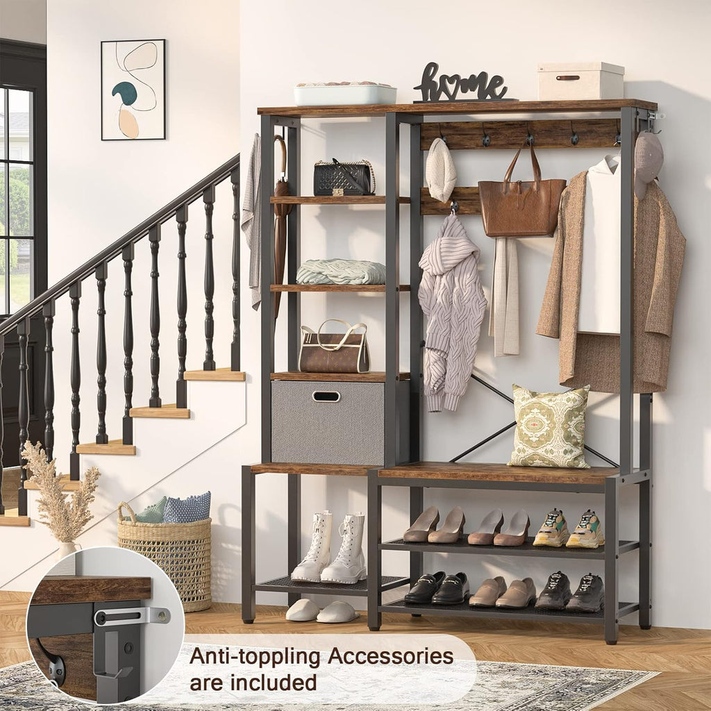 Rustic Brown Hall Tree with Storage Bench, Coat Rack, 5-Tier Shelves, Fabric Storage Basket, Side hooks, Metal Frame H709