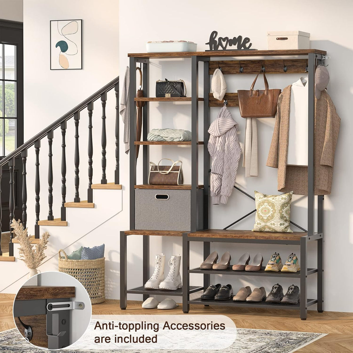 Rustic Brown Hall Tree with Storage Bench, Coat Rack, 5-Tier Shelves, Fabric Storage Basket, Side hooks, Metal Frame H709