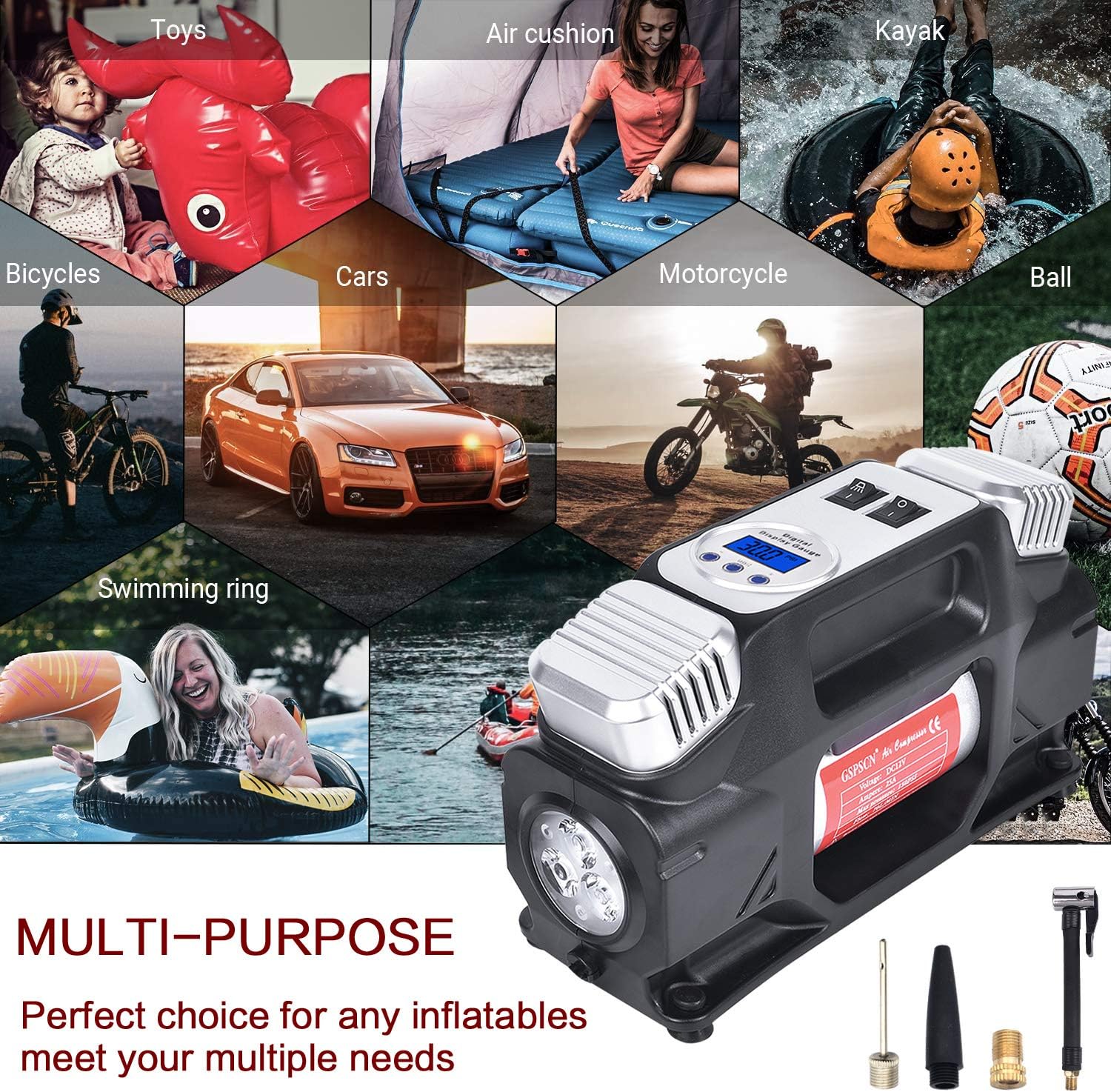 Portable Air Compressor Pump, Dual Cylinders Tire Inflator 12V, 150PSI with Digital Gauge, LED Light, Locking Air Chuck, Pack of 2 X755027