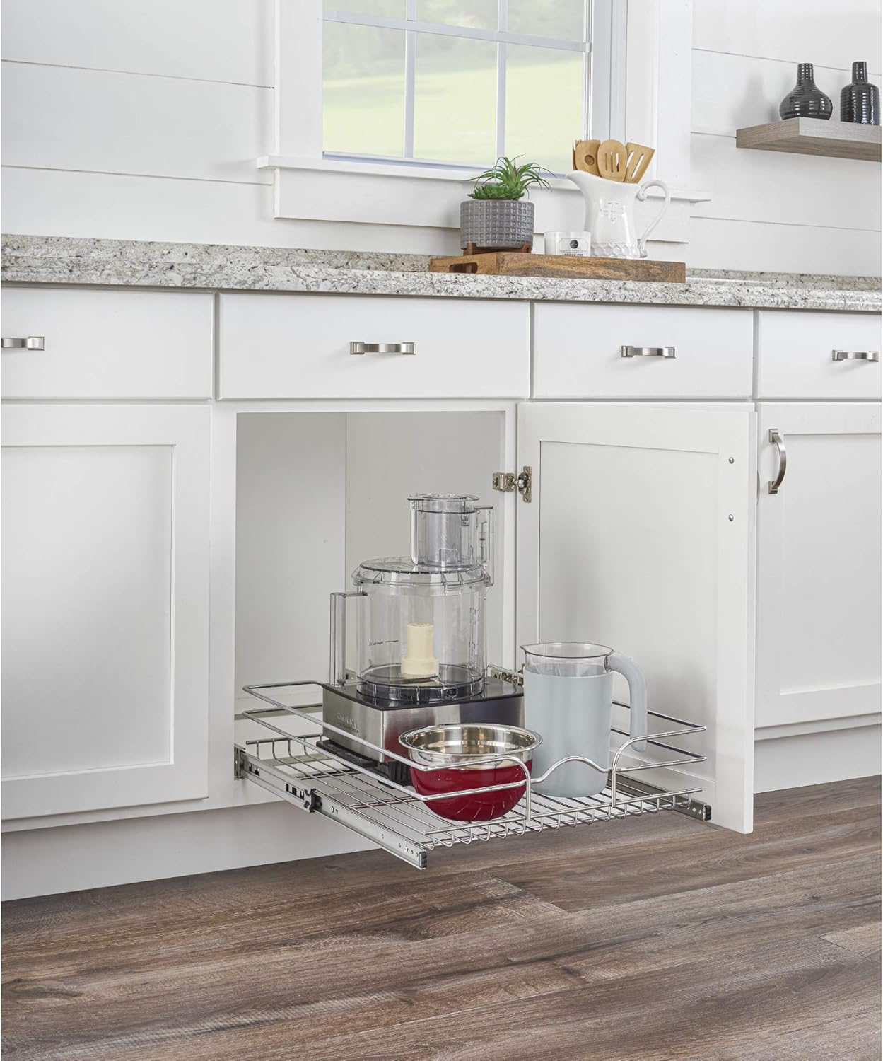 18 Inch x 20 Inch Single Wire Basket Pull Out Shelf Storage Organizer, Silver B248