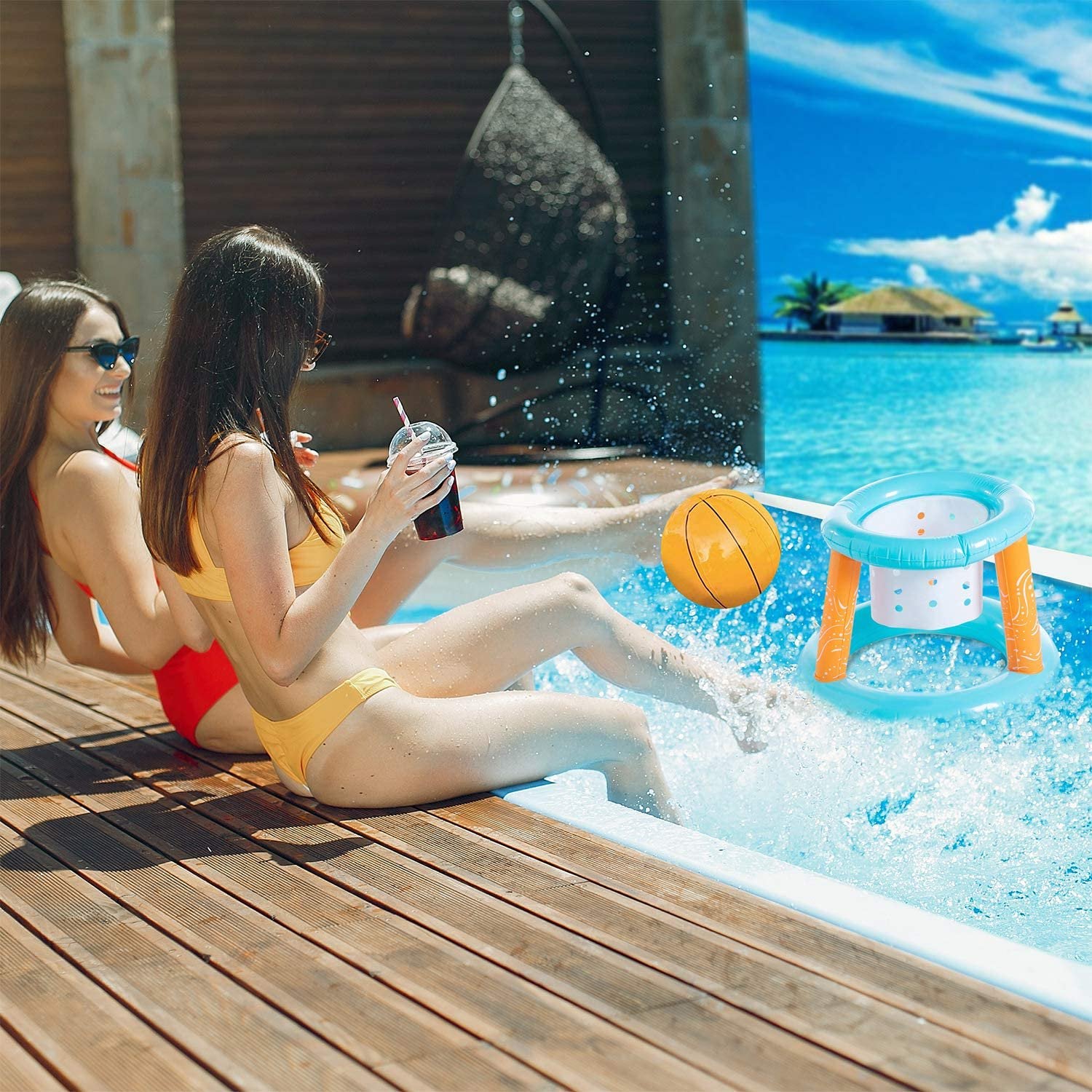 Inflatable Pool Float Set with Volleyball Net, Basketball, Balls R354707