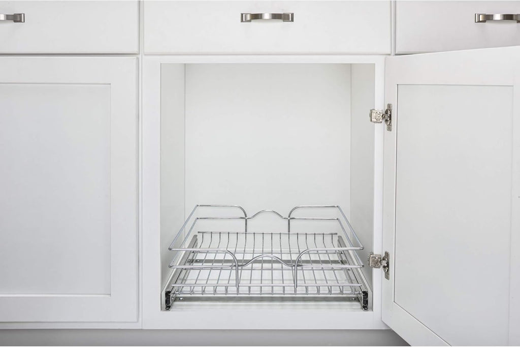18 Inch x 20 Inch Single Wire Basket Pull Out Shelf Storage Organizer, Silver B248