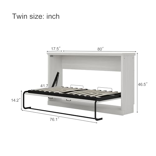 Twin Size Murphy Bed with Storage Bookshelf and USB Charging Station, Folding into a Cabinet, Rustic White V123