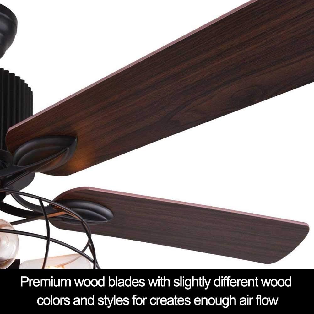 Retro Industrial Ceiling Fan Light with Iron Cage Cover Pull Chain Remote and 5 Reversible Wood Leaves 52Inch U329716