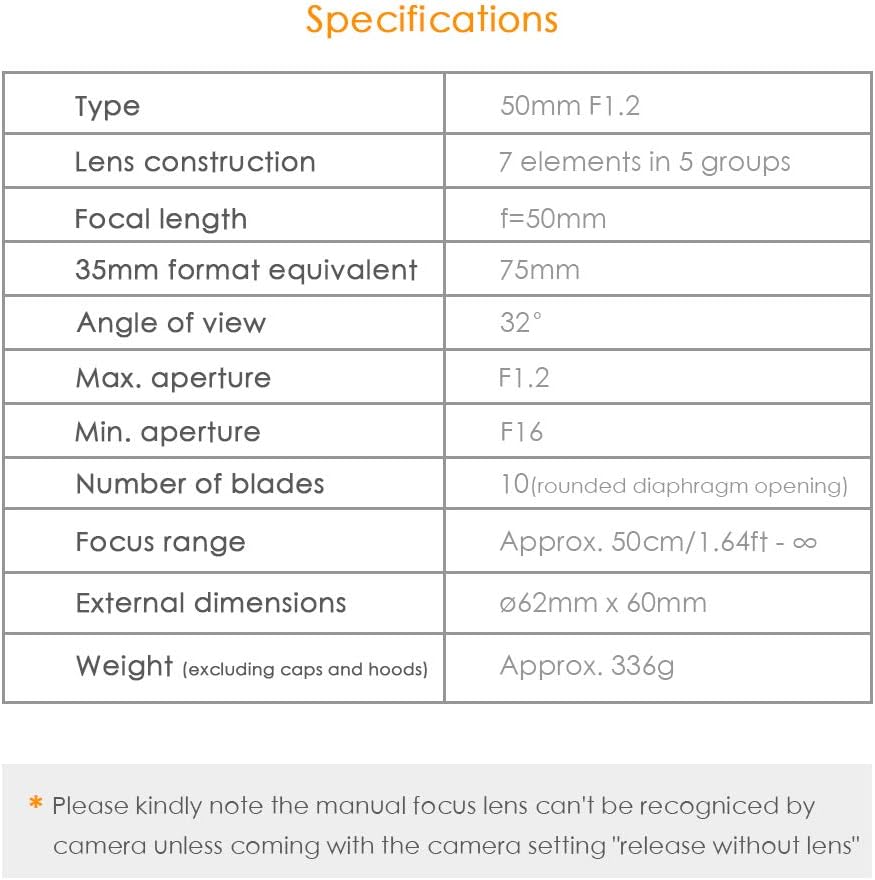 50mm F1.2 APS-C Manual Focus Fixed Lens for Fuji X-Mount V34012