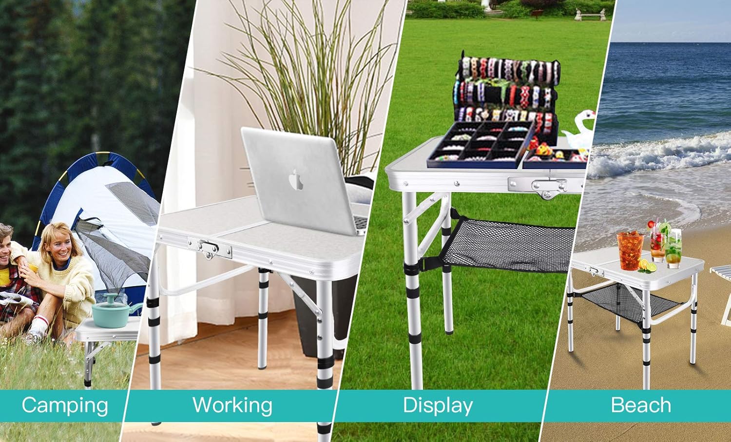 Folding Camping Table with Storage, Height Adjustable Aluminum Camp Table X27212
