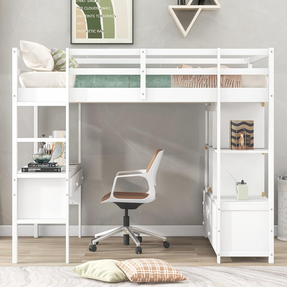 White Wooden Loft Bed with Built-in Desk and Two Drawers G63949