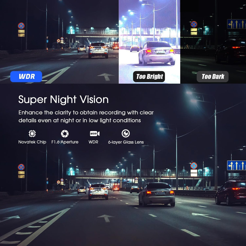 4K/1080P Wi-Fi Dual Dash Camera with IPS Screen, Night Vision, 170° Wide Angle J281889