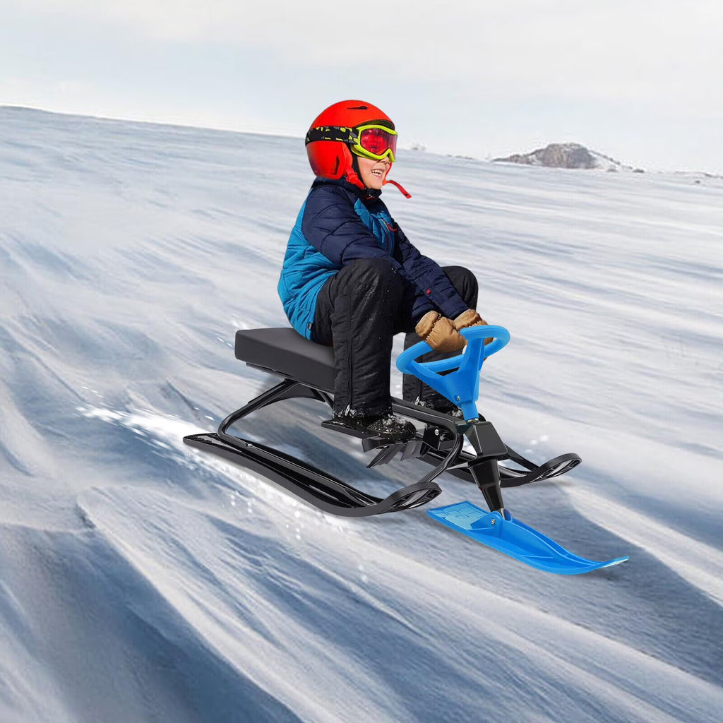 Blue Snow Sled with Steering Wheel and Double Brake Pull Rope E833803