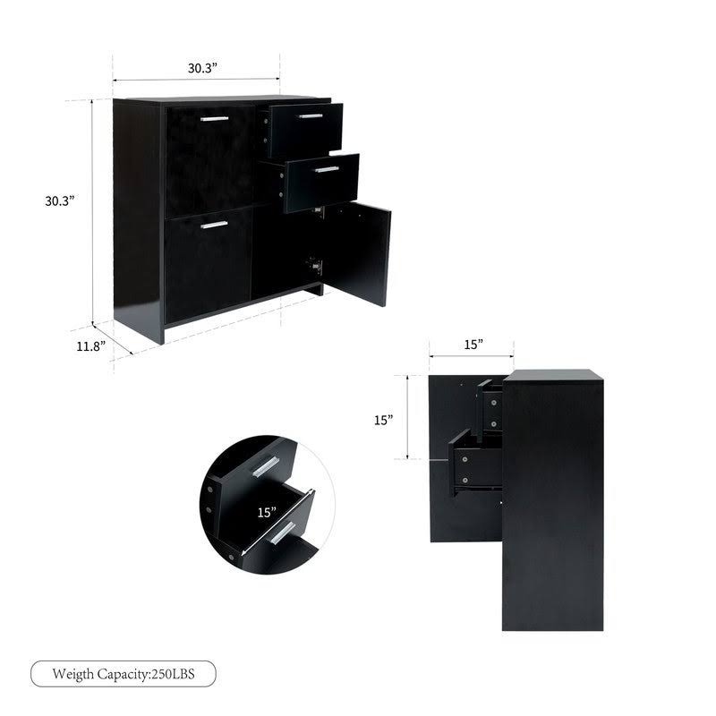 Black Wood Finish Storage Cabinet with 2 Drawers and 3 Side Cabinet E642343