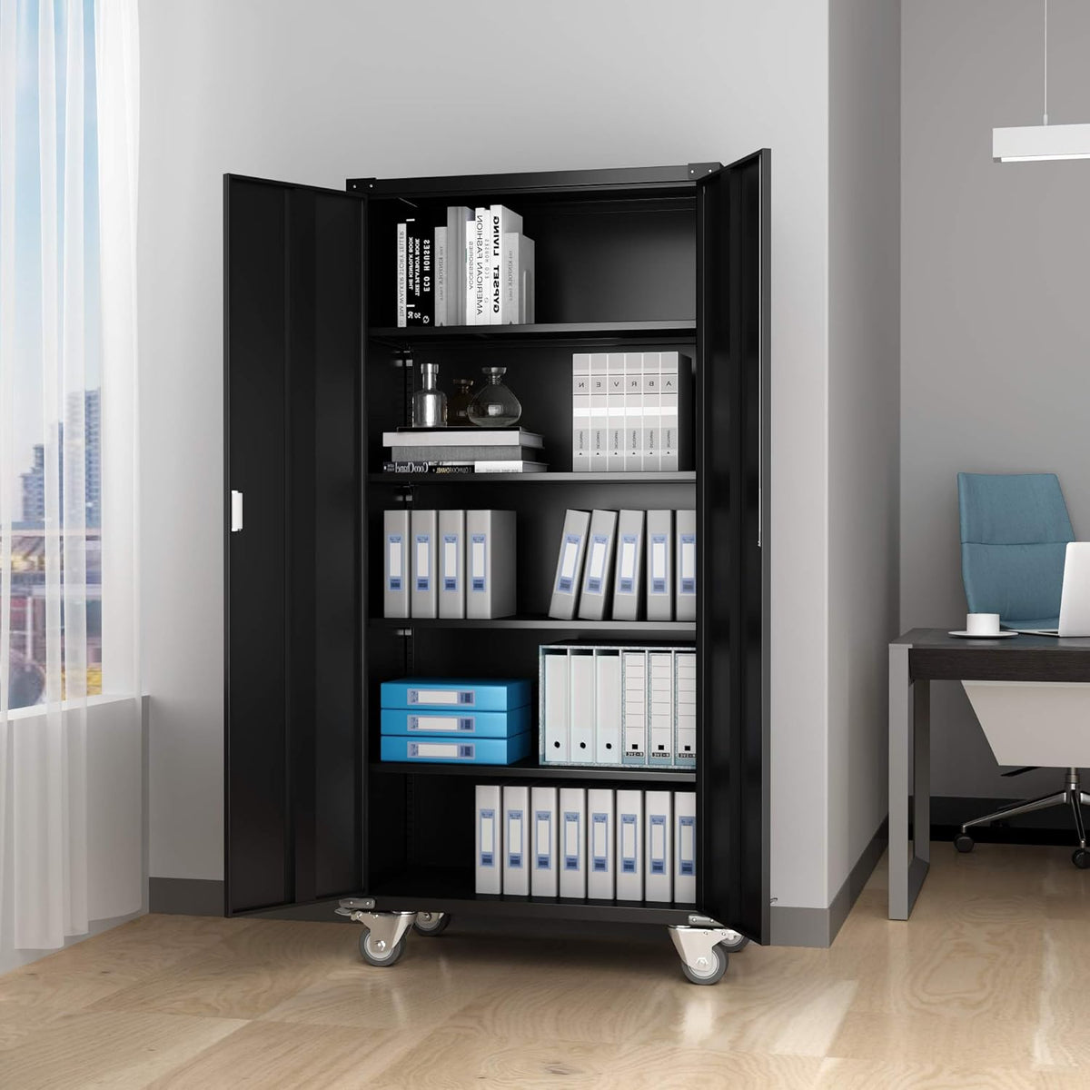 72''H Steel Storage Cabinet with Wheels and Lock, Black B3150