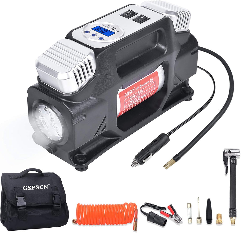 Portable Air Compressor Pump, Dual Cylinders Tire Inflator 12V, 150PSI with Digital Gauge, LED Light, Locking Air Chuck, Pack of 2 X755027