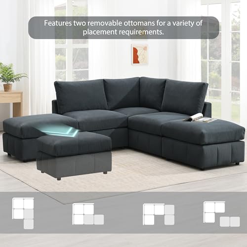 Dark Grey Corduroy 5-Seat L Sectional Sofa with 2 Ottomans O7258