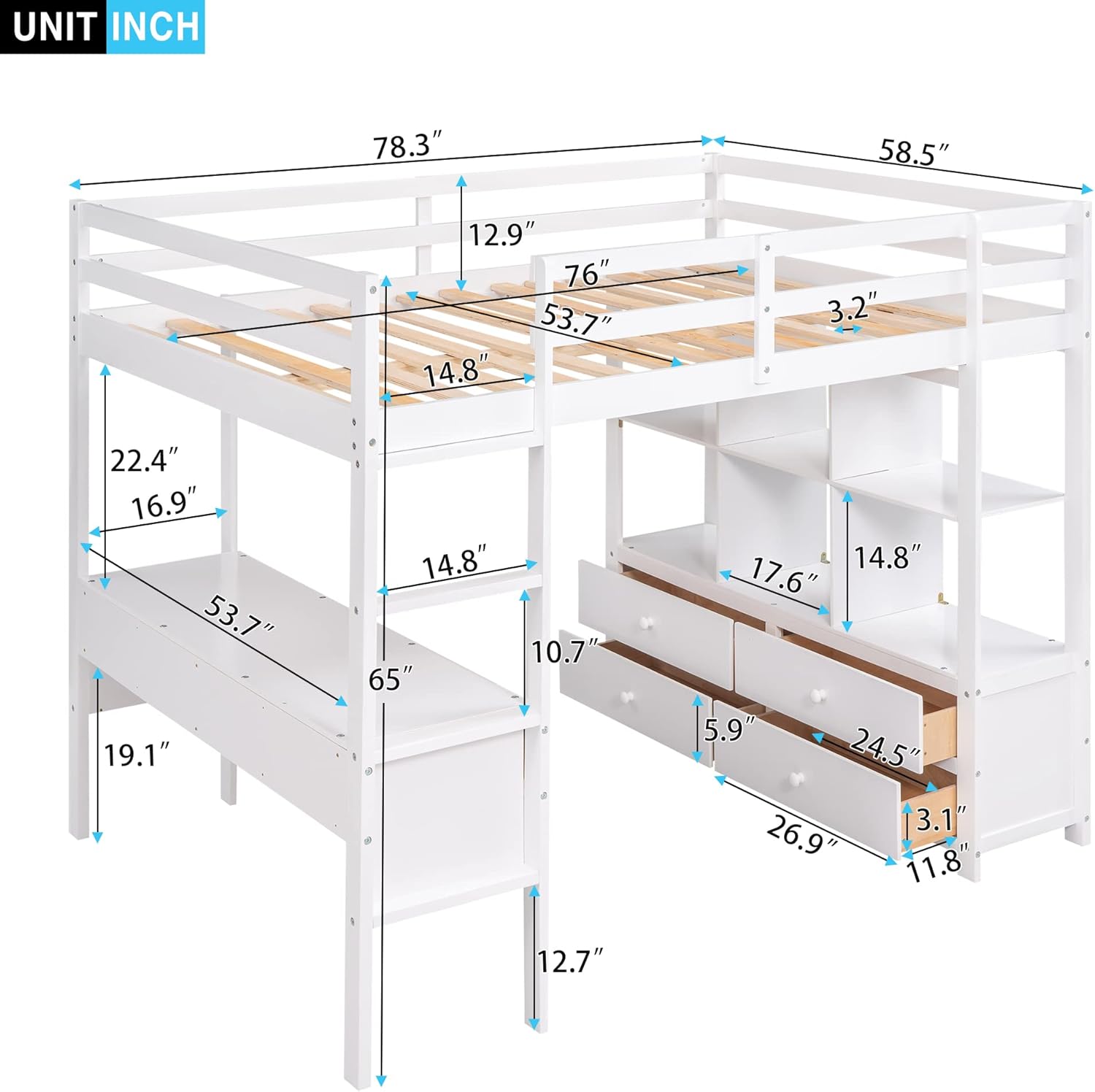 White Wooden Loft Bed with Built-in Desk and Two Drawers G63949