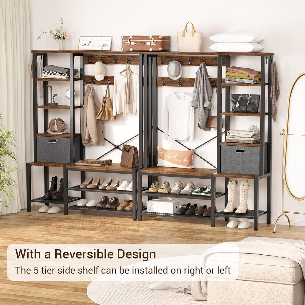 Rustic Brown Hall Tree with Storage Bench, Coat Rack, 5-Tier Shelves, Fabric Storage Basket, Side hooks, Metal Frame H709