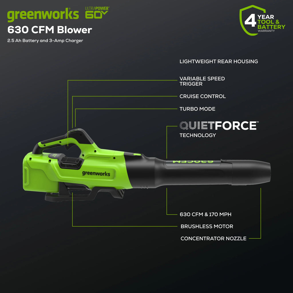 60V 630 CFM 170 MPH Leaf Blower with 2.5 Ah Battery & 3 Amp Charger O7638