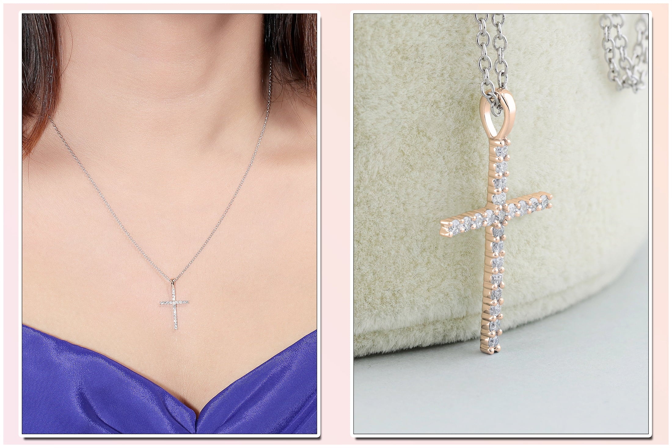 Round White Diamond Cross Pendant with 18 Inch Silver Chain in 14K Rose Gold D981