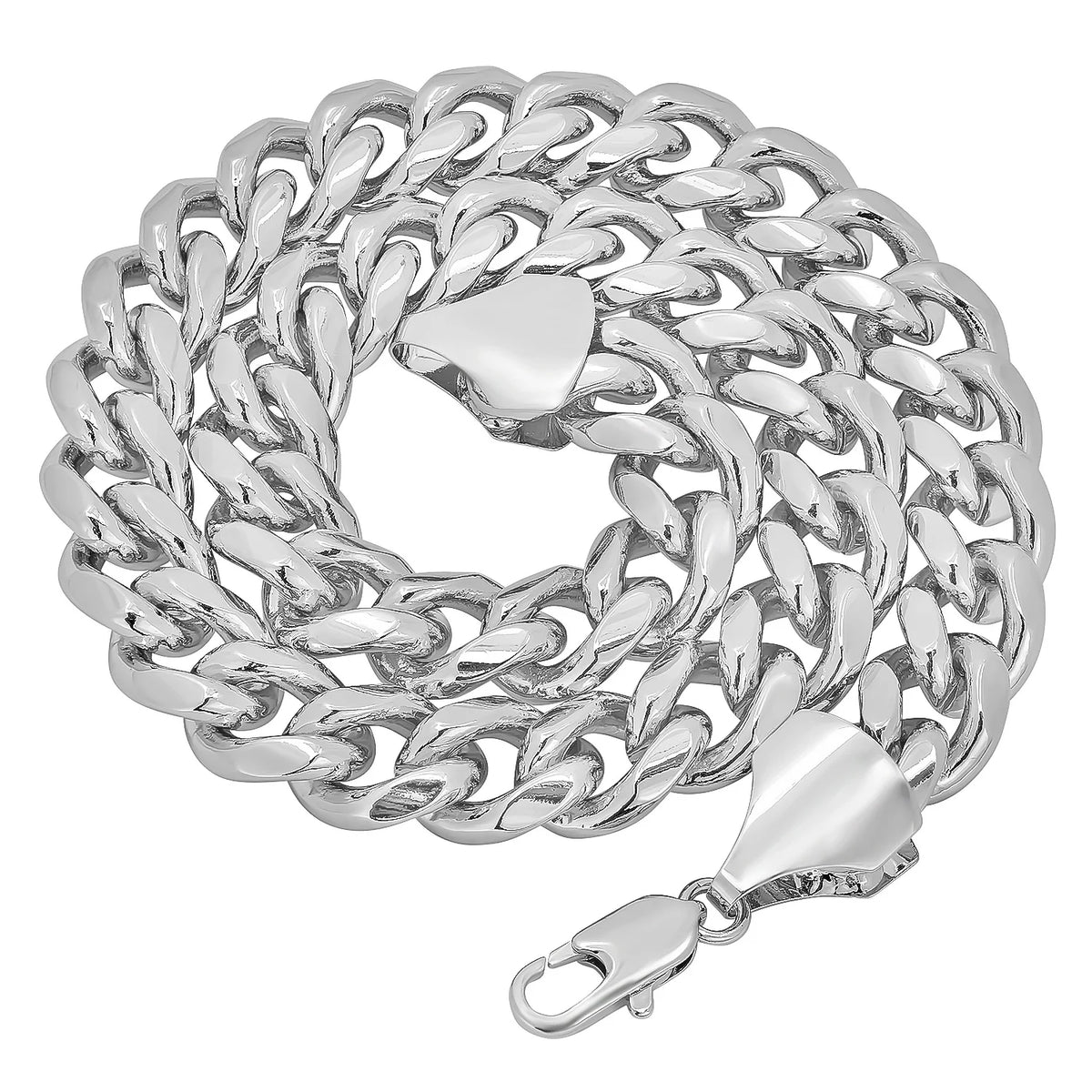 14mm Rhodium Plated Cuban Link Chain Necklace, 30 inches E858328