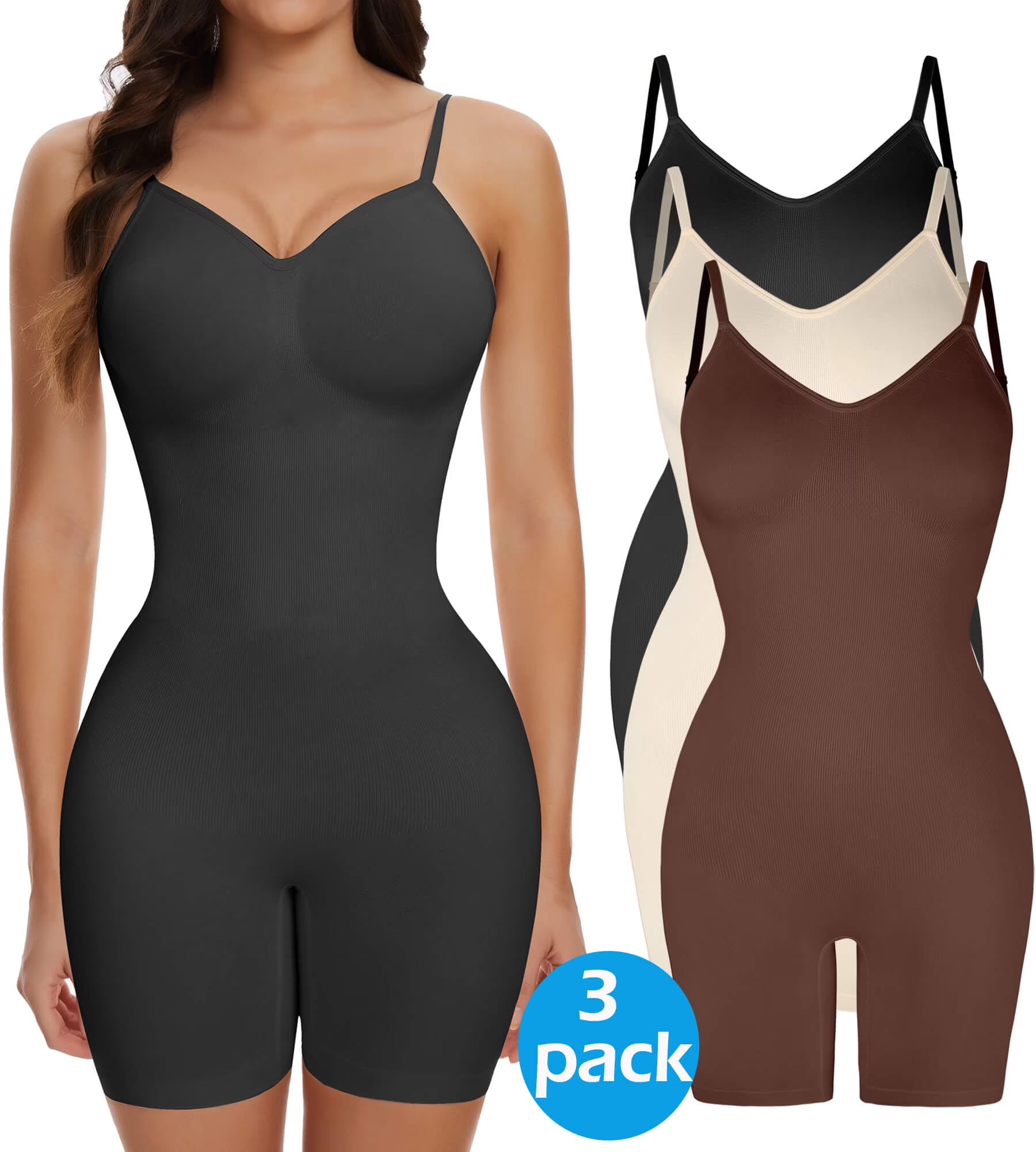 3 Packs Low Back Mid Thigh Bodysuit Shapewear W6051