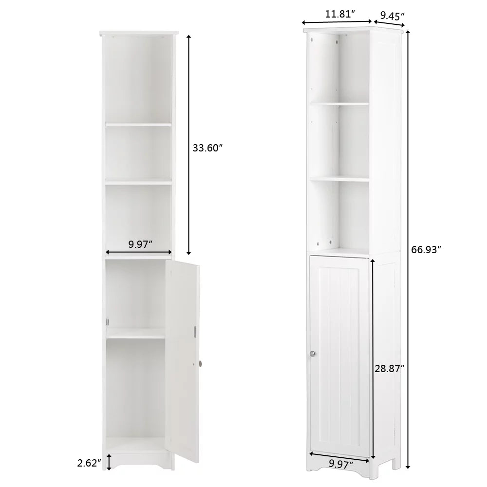 White Tall Narrow Bathroom Storage Cabinet with 3 Open Shelves and 1 Door Adjustable Shelf E277541
