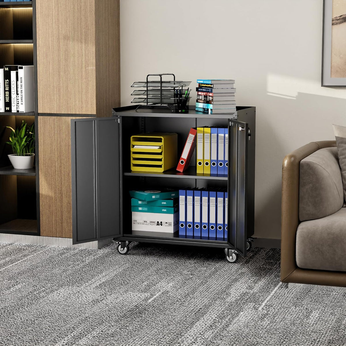 Black Metal Storage Cabinet on Wheels with Adjustable Shelves V88283