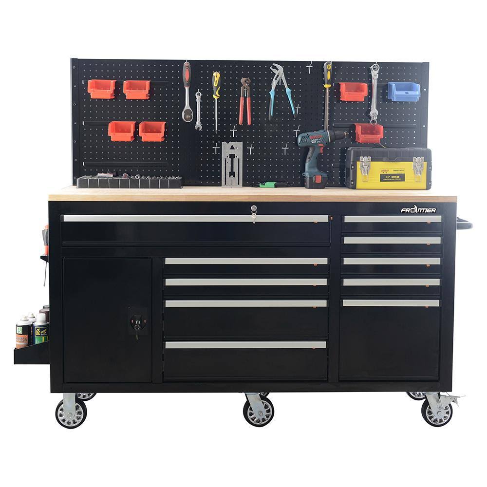 Black 10-Drawer Tool Chest Cabinet with Pegboard Back Wall, Heavy-Duty Mobile Workbench E792