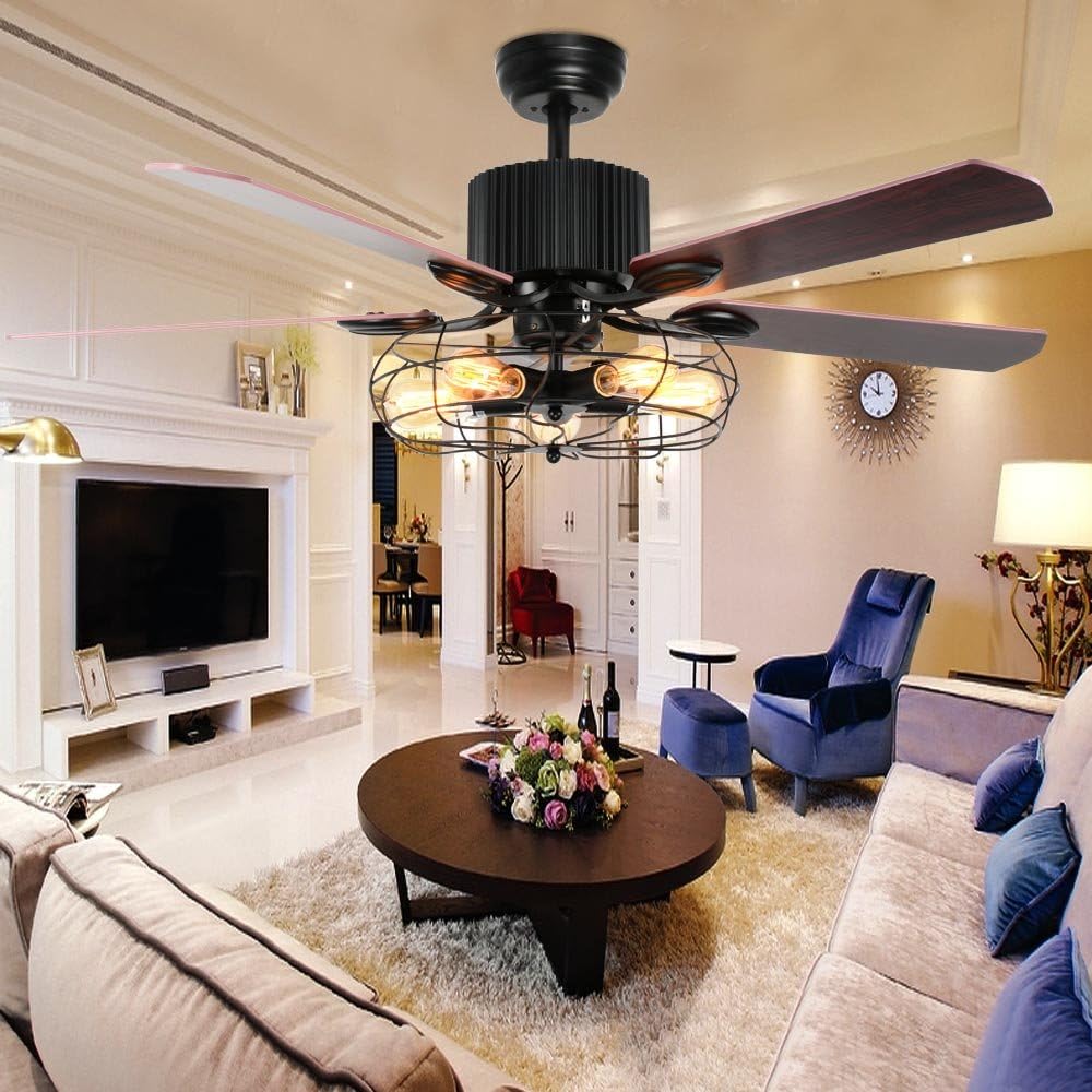Retro Industrial Ceiling Fan Light with Iron Cage Cover Pull Chain Remote and 5 Reversible Wood Leaves 52Inch U329716