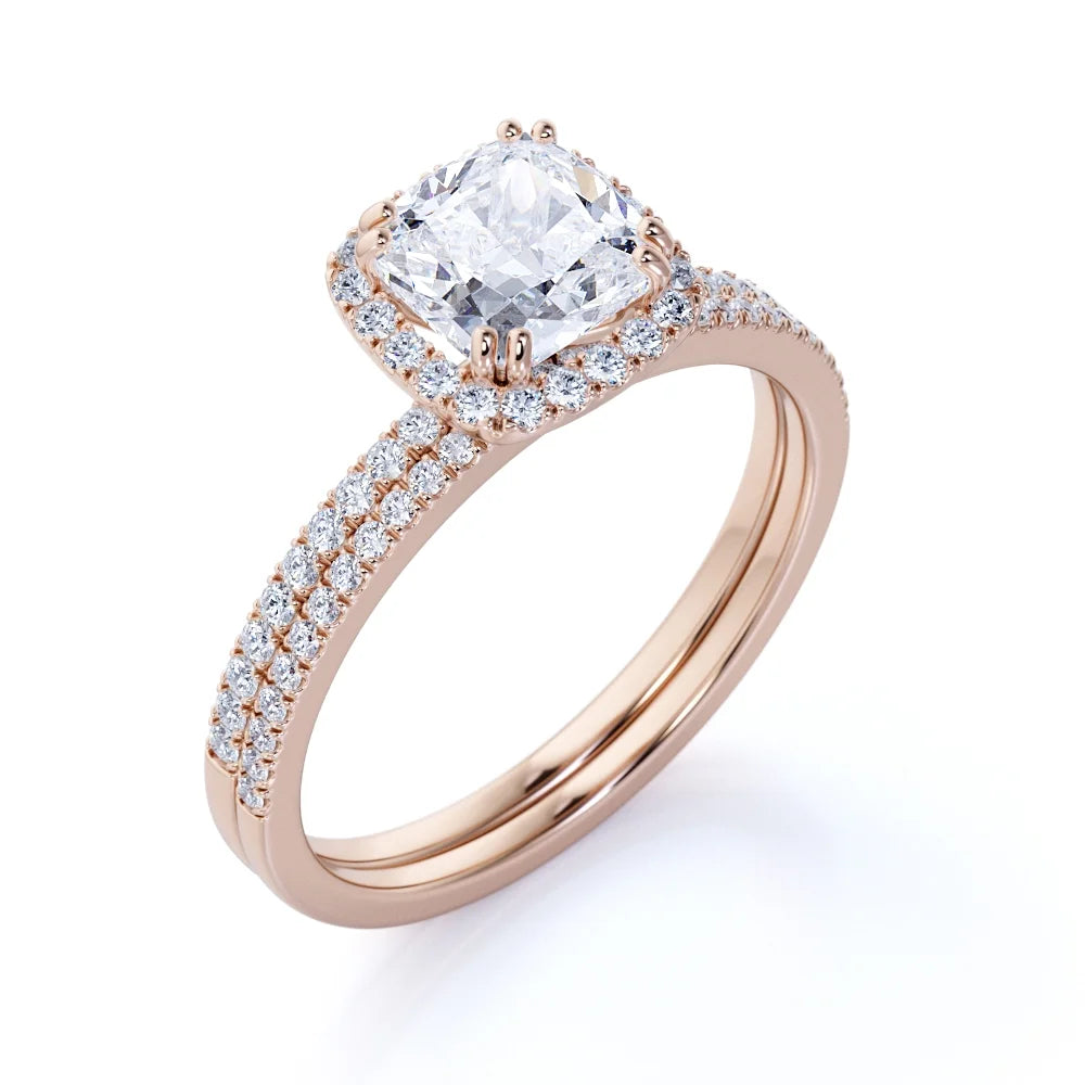 1.5 Carat Cushion Cut Halo Moissanite Bridal Ring Set in 18k Rose Gold Over Silver F784252