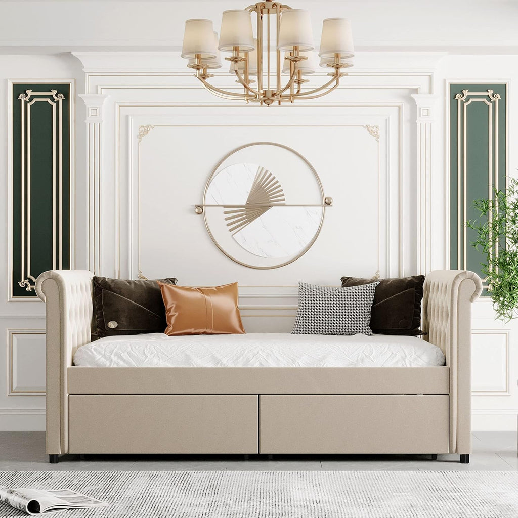 White Wooden Twin Size Daybed with 2 Drawers A360244