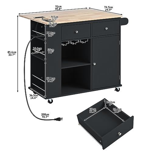 White Kitchen Island with Storage, Drop Leaf, Power Outlet, 2 Drawers, Wine Rack, Spice Rack B486
