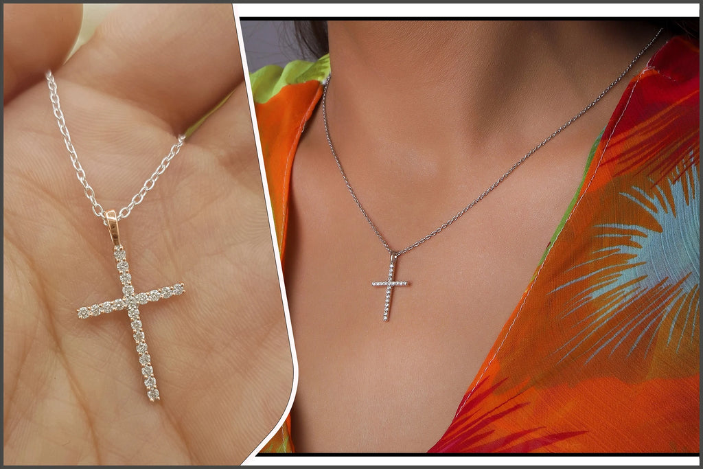 Round White Diamond Cross Pendant with 18 Inch Silver Chain in 14K Rose Gold D981