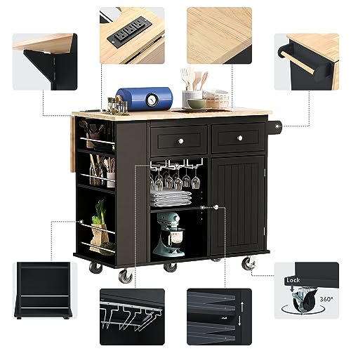 White Kitchen Island with Storage, Drop Leaf, Power Outlet, 2 Drawers, Wine Rack, Spice Rack B486