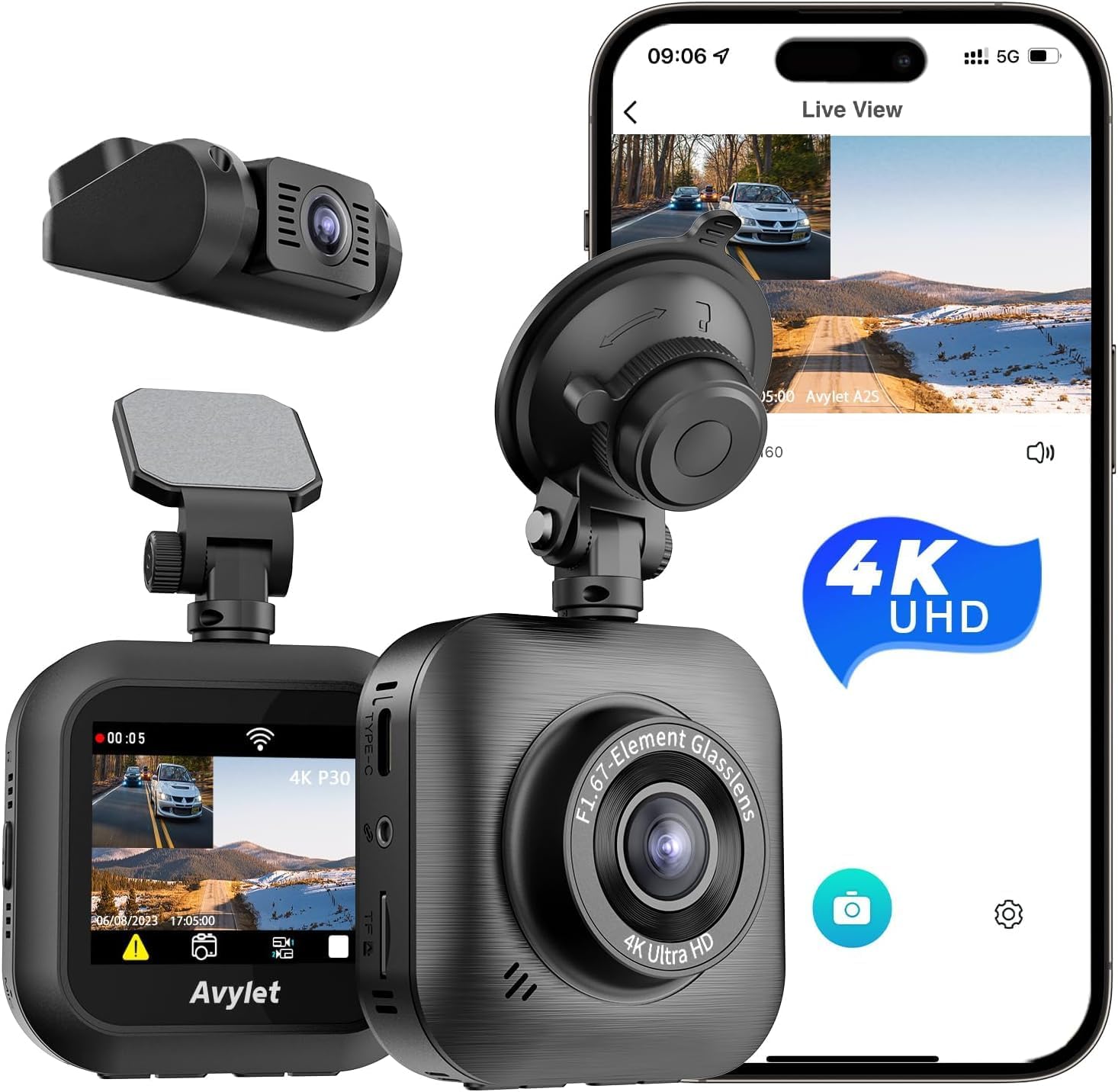 4K/1080P Wi-Fi Dual Dash Camera with IPS Screen, Night Vision, 170° Wide Angle J281889