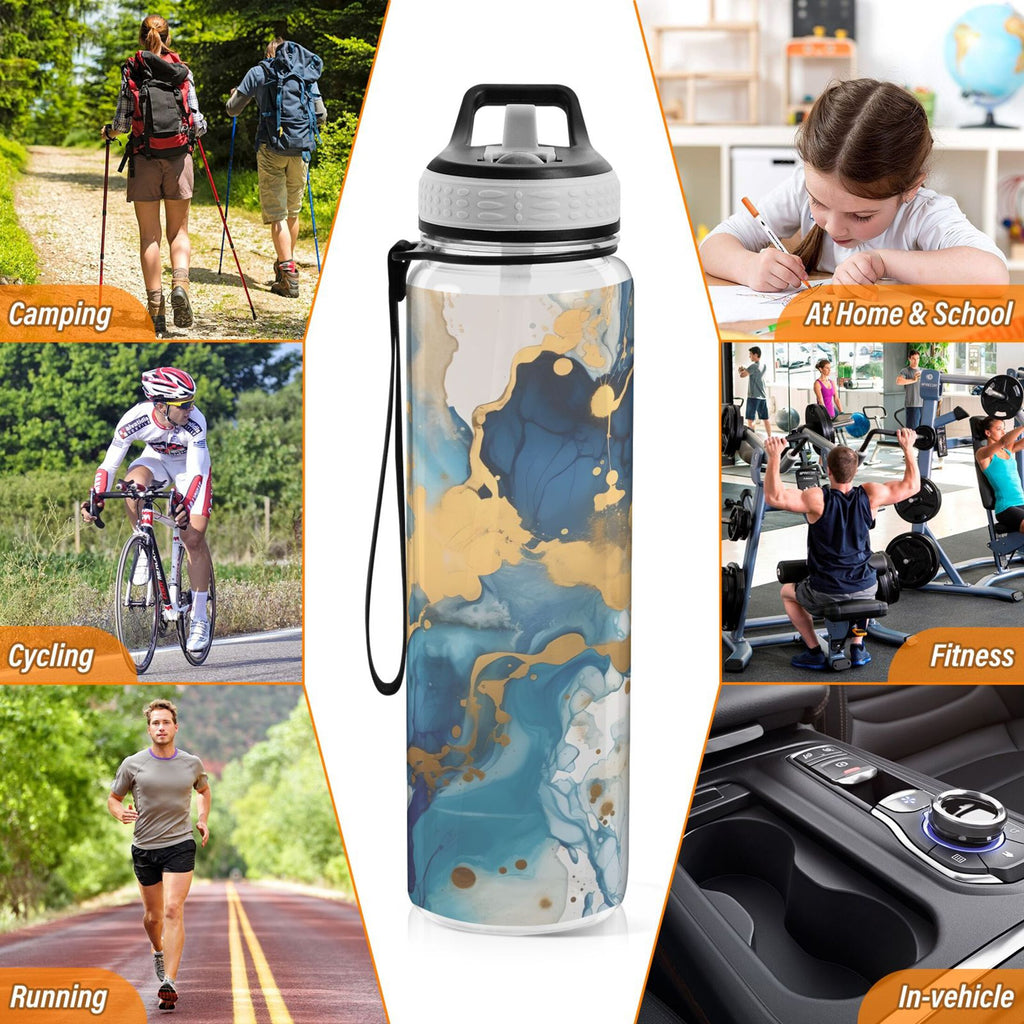 Blue and Golden Marble 32oz Tritan Water Bottles with Straw S794