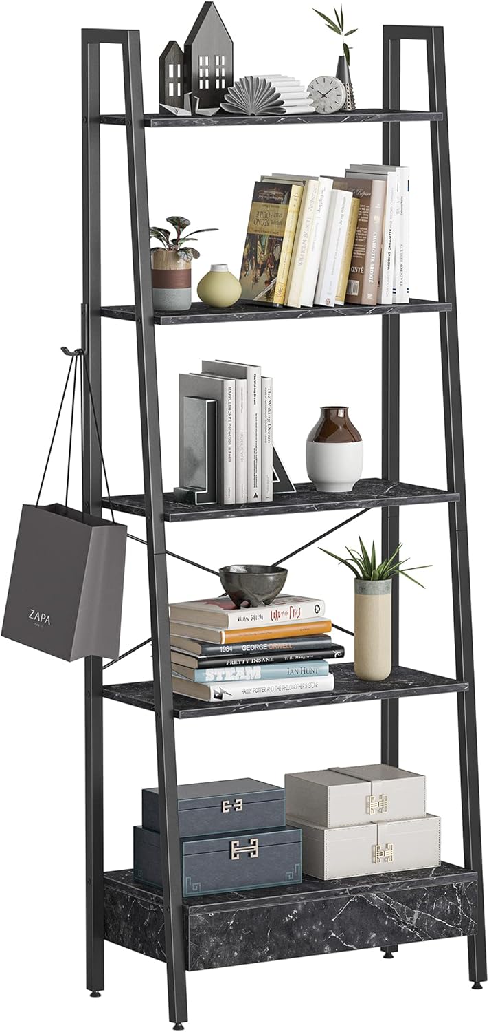 Black 5-Tier Ladder Shelf with Drawer J5293