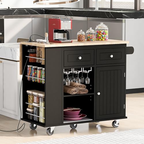 White Kitchen Island with Storage, Drop Leaf, Power Outlet, 2 Drawers, Wine Rack, Spice Rack B486