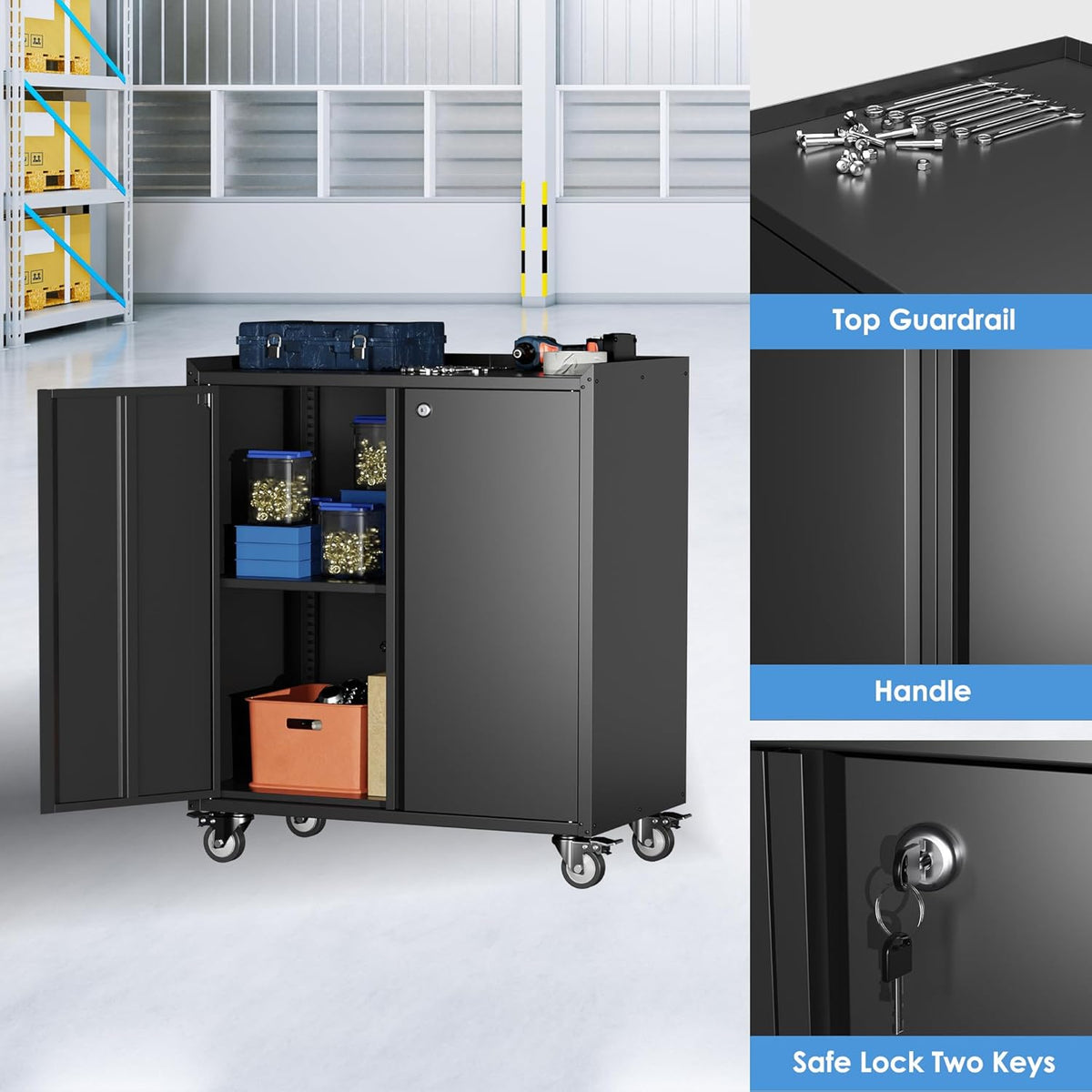 Black Metal Storage Cabinet on Wheels with Adjustable Shelves V88283