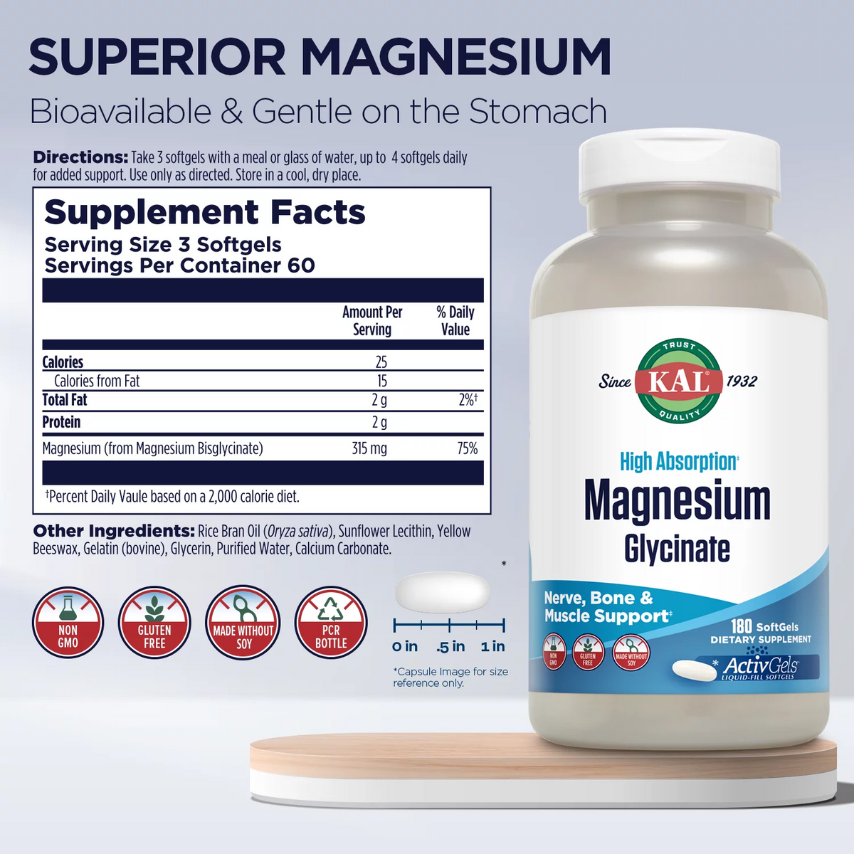 Magnesium Glycinate 315mg 180 Softgels E299