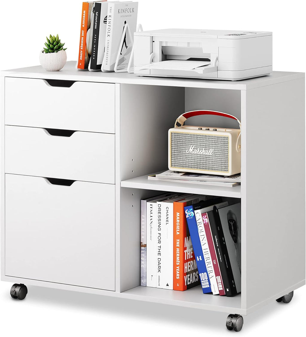 Black 3-Drawer Wood File Cabinet with Open Storage Shelves C484