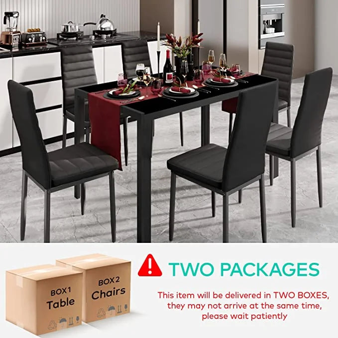 Black PU Leather Dining Table Set with 6 Chairs T89490