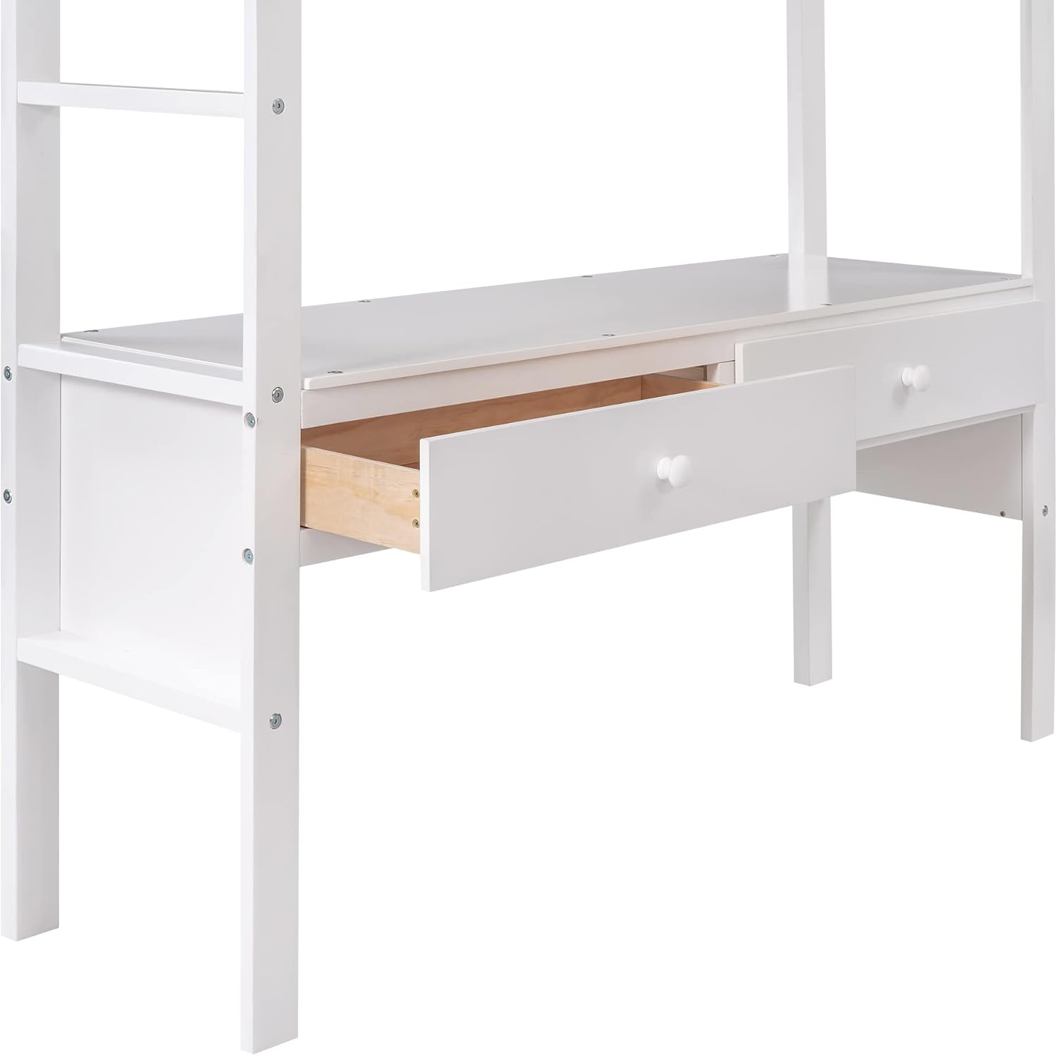 White Wooden Loft Bed with Built-in Desk and Two Drawers G63949