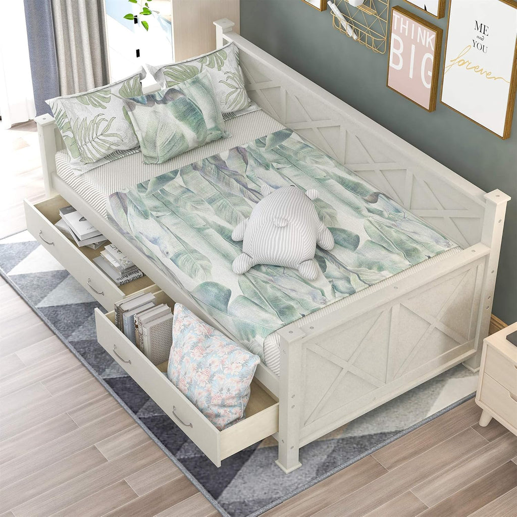 White Wooden Twin Size Daybed with 2 Drawers A360244