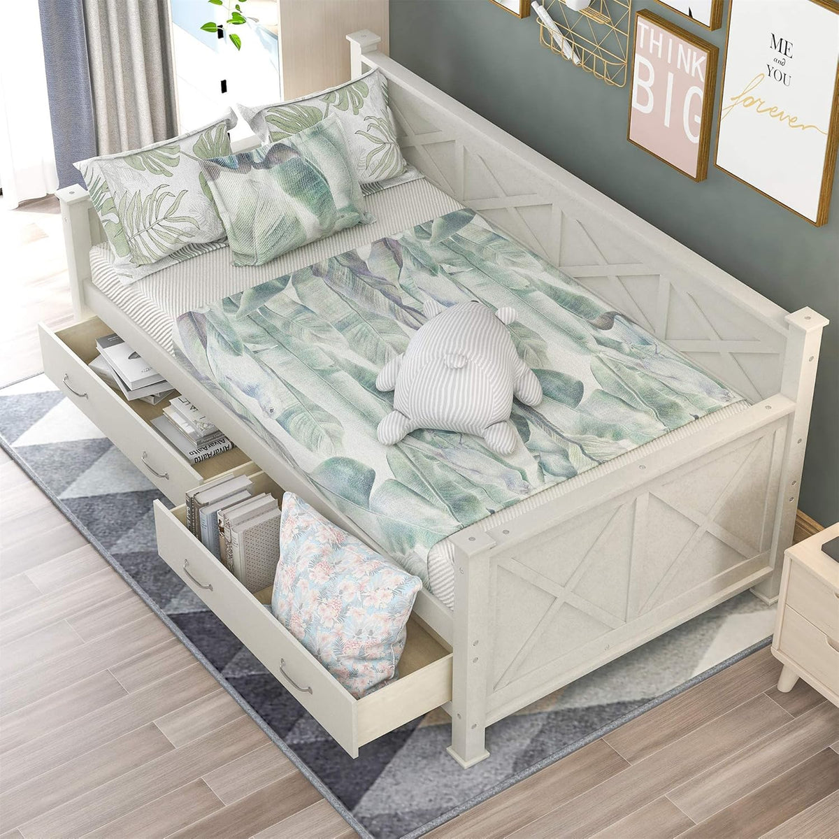 White Wooden Twin Size Daybed with 2 Drawers A360244