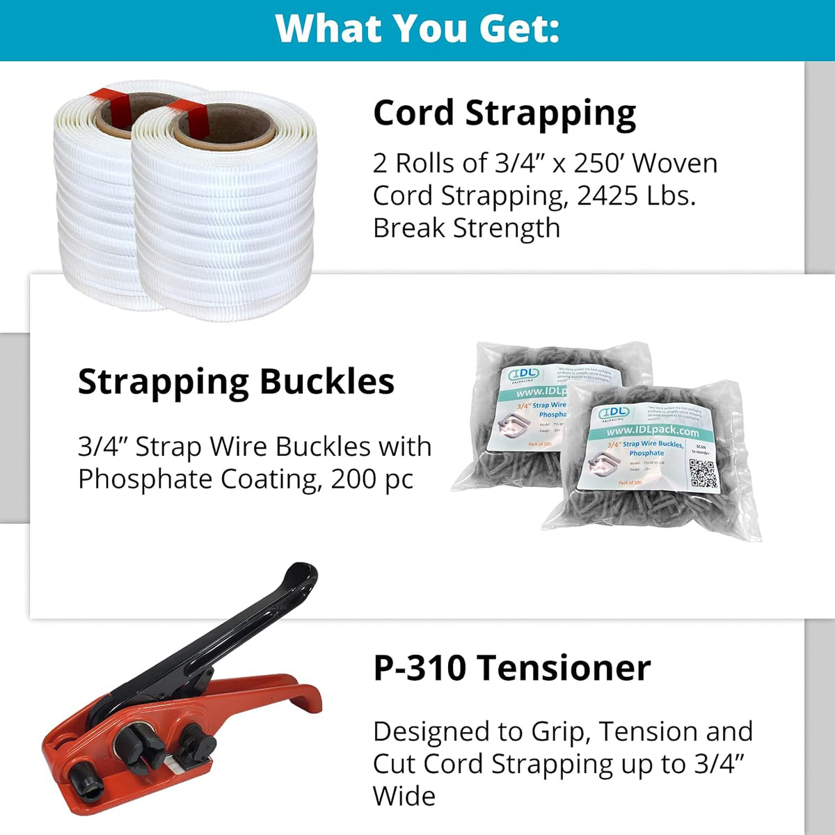 3/4" x 500' Woven Cord Strapping Kit with Tensioner and Buckles D893