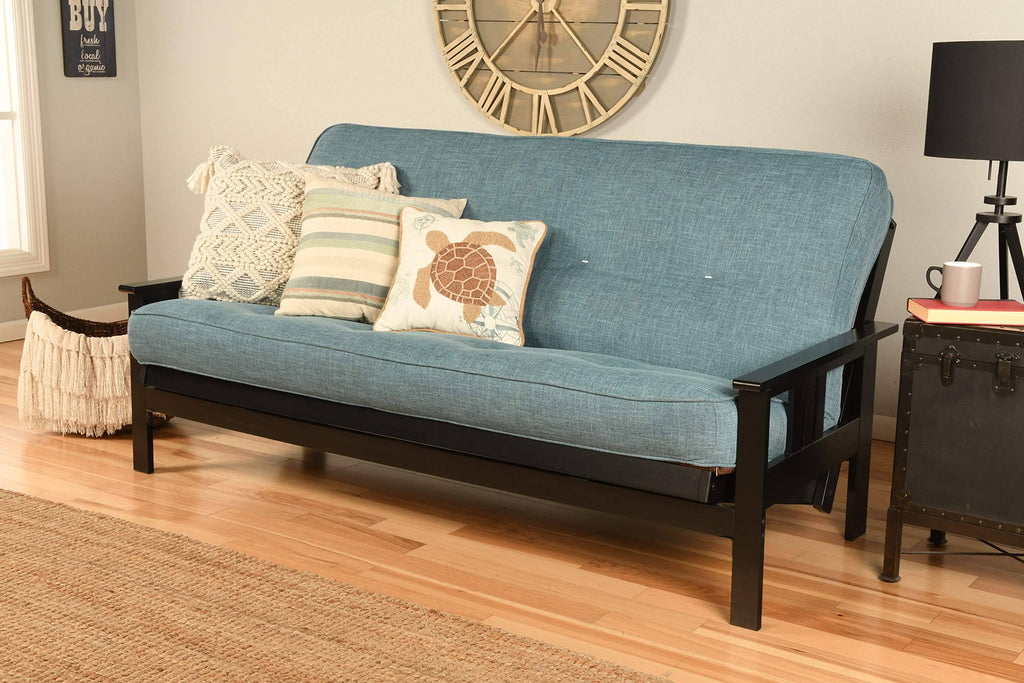 Black Full Size Futon Frame with Linen Aqua Mattress T61644