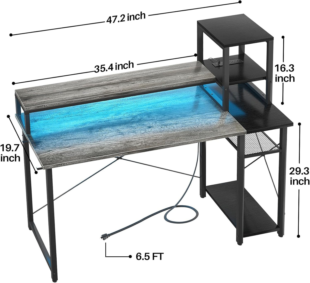 Grey Gaming Desk with LED and Storage Shelves G603541