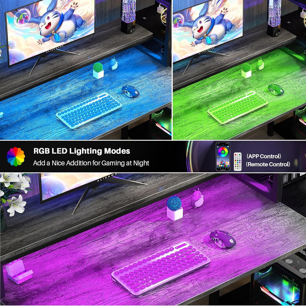 Grey Gaming Desk with LED and Storage Shelves G603541