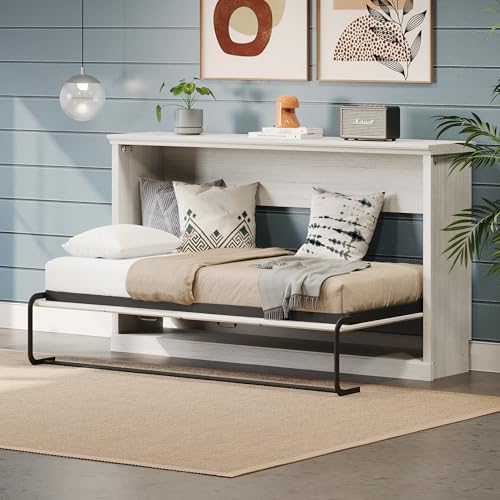 Twin Size Murphy Bed with Storage Bookshelf and USB Charging Station, Folding into a Cabinet, Rustic White V123