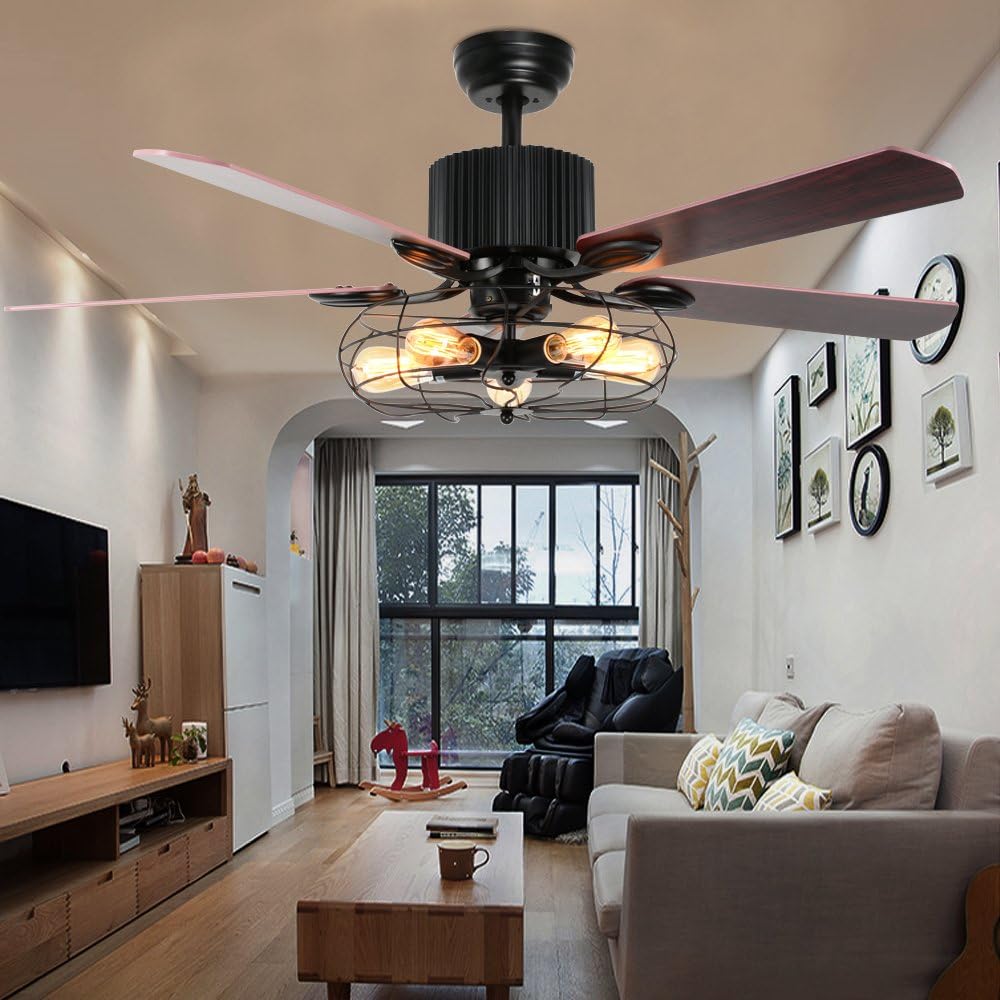 Retro Industrial Ceiling Fan Light with Iron Cage Cover Pull Chain Remote and 5 Reversible Wood Leaves 52Inch U329716